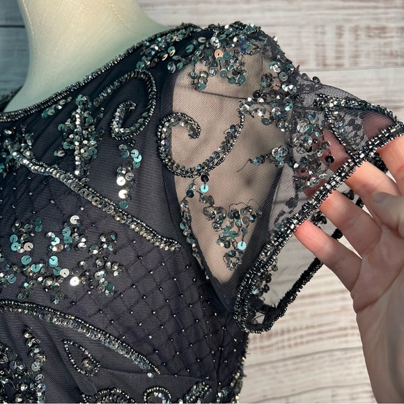 Pisarro Nights Beaded Mesh Column Gown Size 8 Slate Gray Beaded‎ Sequins NWT - Picture 14 of 17